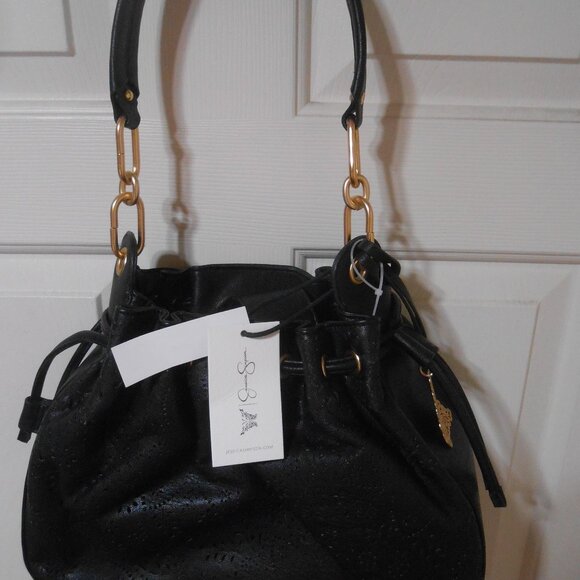 NEW BLK JESSICA SIMPSON HOLLIS HOBO FAUX LEATHER PURSE BAG GOLD BUTTERFLY CHARM - Picture 1 of 15